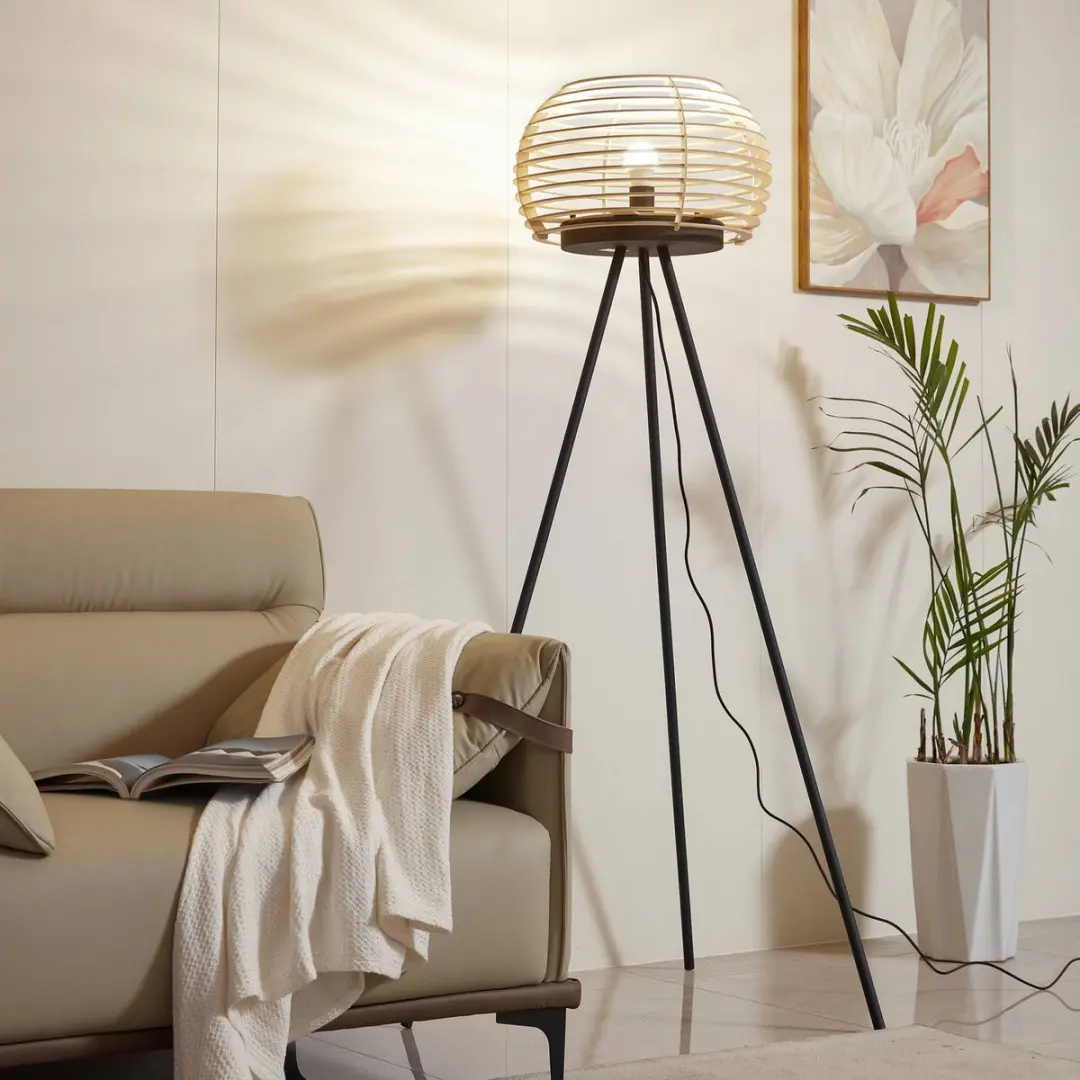 Lindby Vloerlamp 1 Licht E27 - 159cm - Zwart/Licht Hout