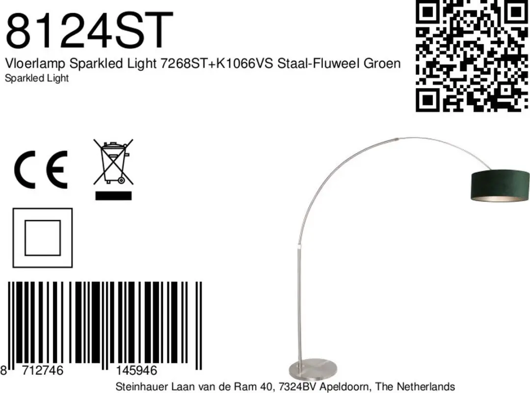 Steinhauer Sparkled Light 8124ST Vloerlamp - Staalkleurig - Groen Kap - 40W - afbeelding 6 van 6