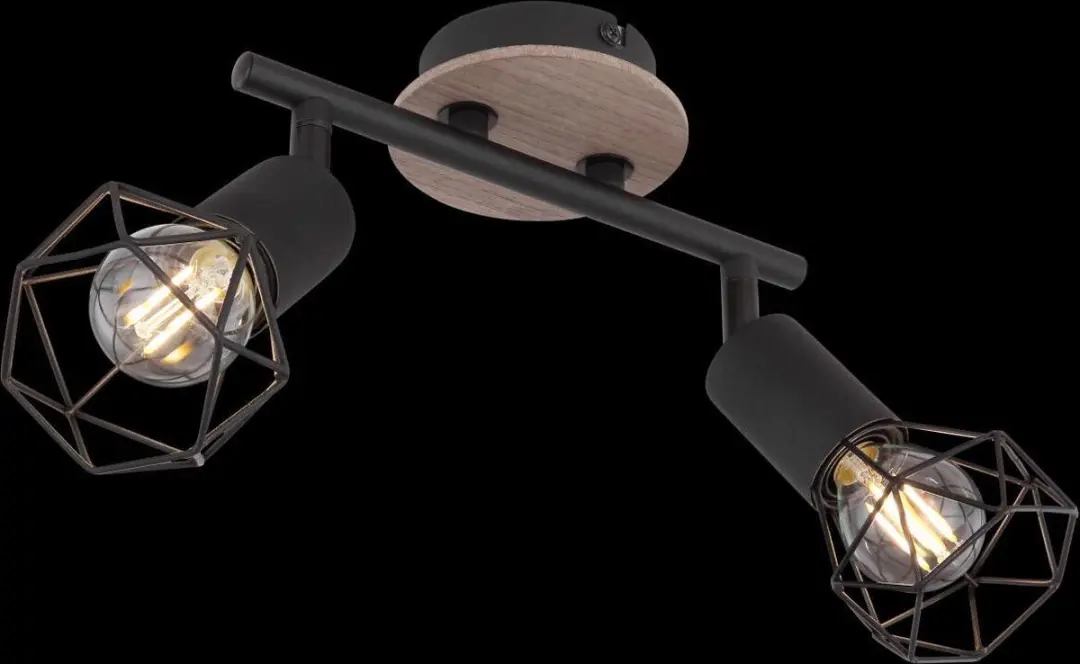 Globo Kooi Plafondlamp 2-Lichts - Zwart Metaal/Hout - afbeelding 6 van 6