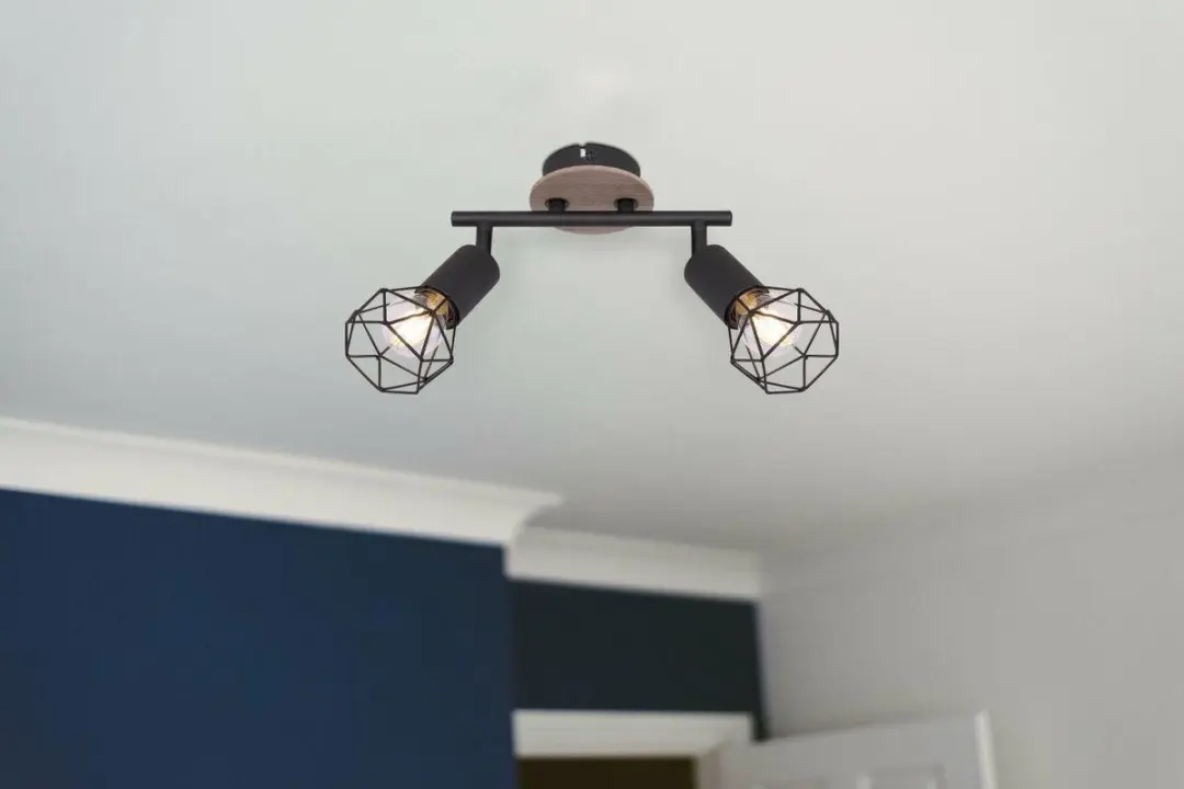 Globo Kooi Plafondlamp 2-Lichts - Zwart Metaal/Hout