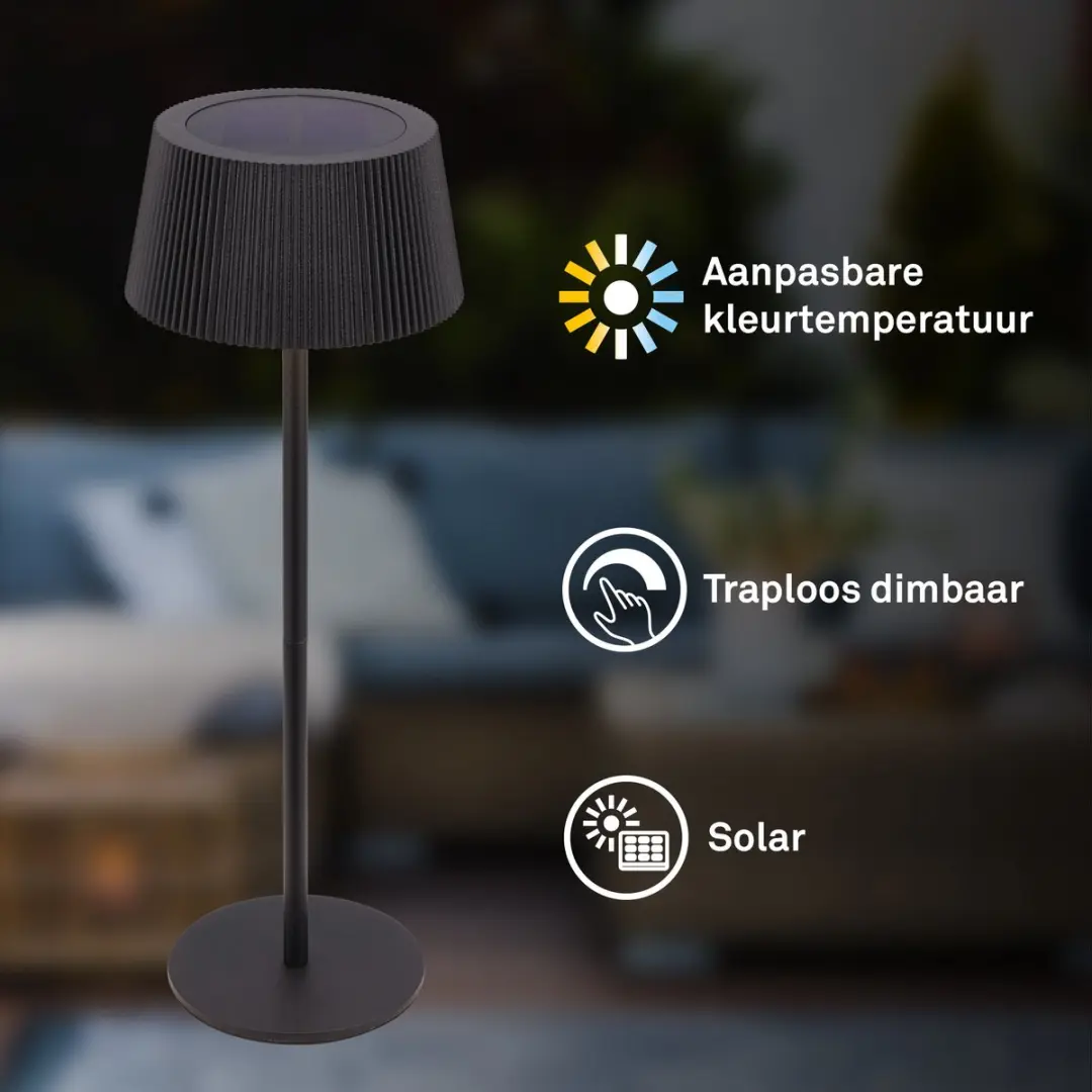Briloner Alia Oplaadbare Zonne-Tafellamp - 3000-6500K - Ø12x34cm - Zwart