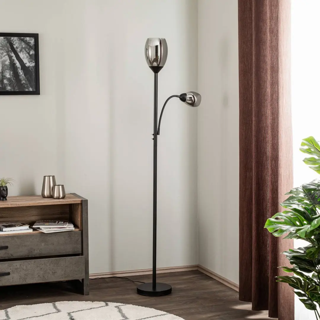 Lindby Vloerlamp 2-lichts - 180cm - Matzwart/Rookglas