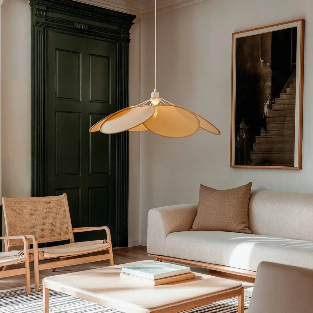 Lindby Hanglamp Rotan E27 - 80cm - Crème/Licht hout