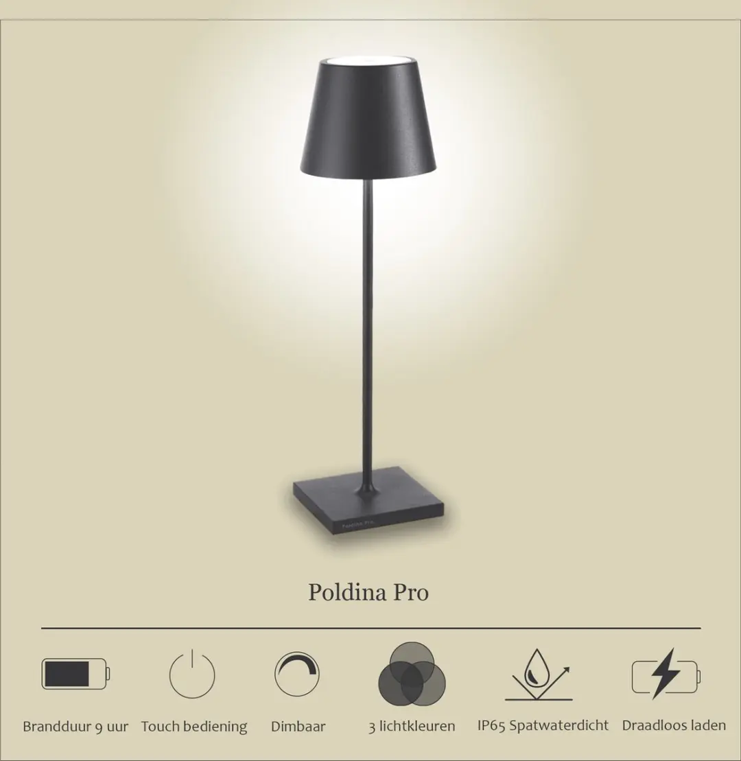 Zafferano Poldina Pro Oplaadbare LED Tafellamp Antraciet - 3000K - IP65