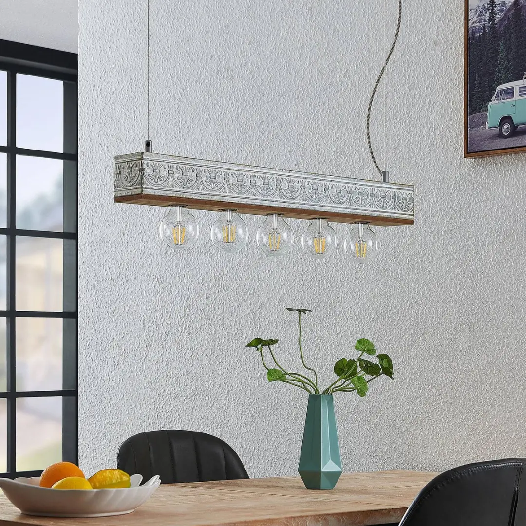 Lindby Hanglamp 5-lichts MDF/IJzer - Hout Licht/Wit Antiek Gegalvaniseerd