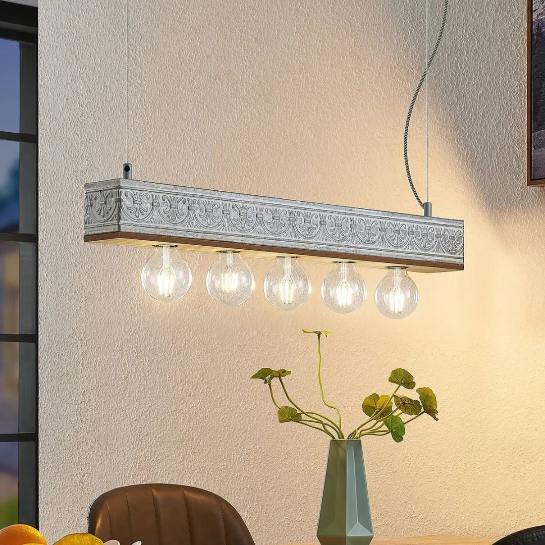 Lindby Hanglamp 5-lichts MDF/IJzer - Hout Licht/Wit Antiek Gegalvaniseerd