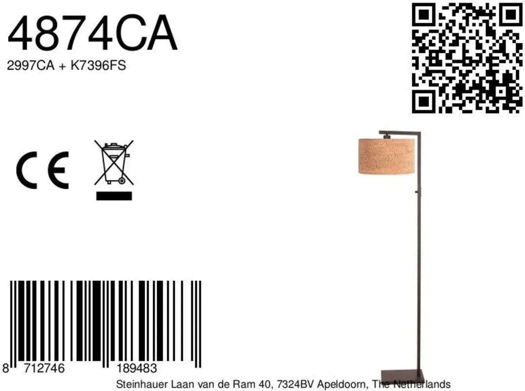 Steinhauer Cacao Vloerlamp 4874CA - 160cm Metaal/Kurk - afbeelding 6 van 6