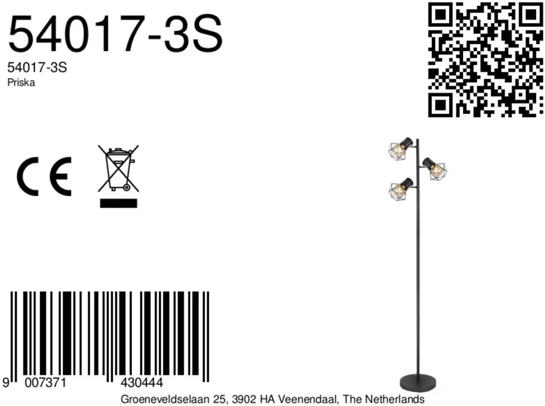 Globo Priska Vloerlamp - 3 Lichtpunten - Zwart
