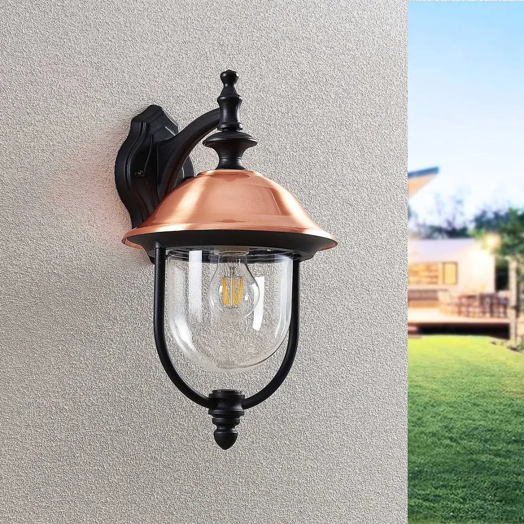 Lindby Wandlamp Buiten 1 Licht E27 - 60W - Zwart/Koper/Transparant - afbeelding 6 van 6