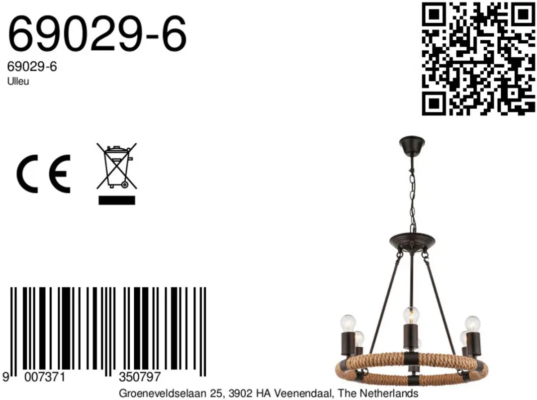 Globo Ulleu Hanglamp - 6x E27 - Ø50cm - Zwart - afbeelding 6 van 6