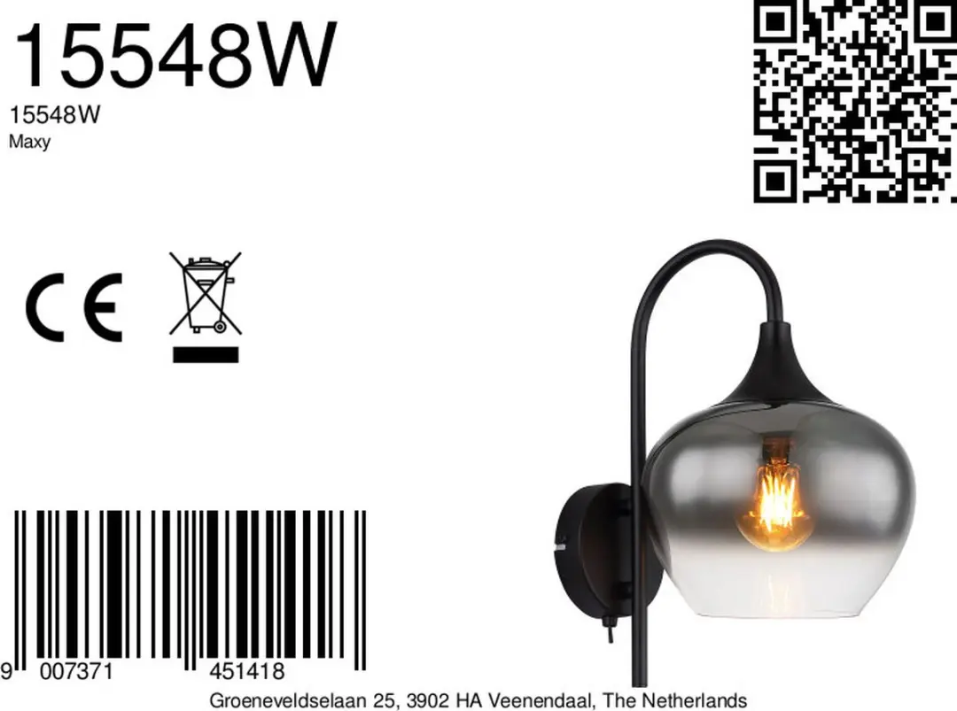 Globo Maxy Wandlamp E27 - Zwart - Ø18cm - afbeelding 6 van 6