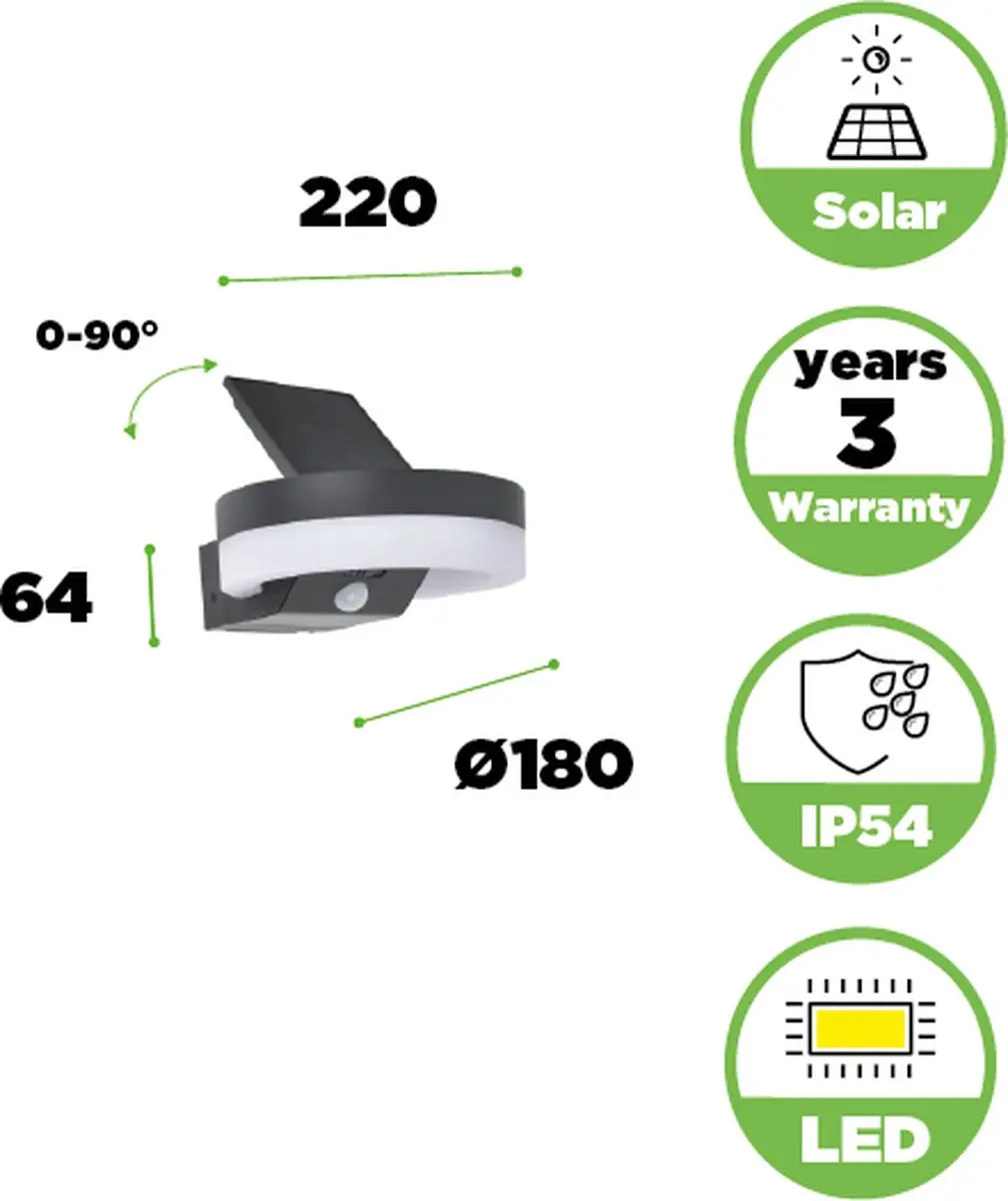 Lutec Runda LED Solar Wandlamp 1300Lm - Donkergrijs