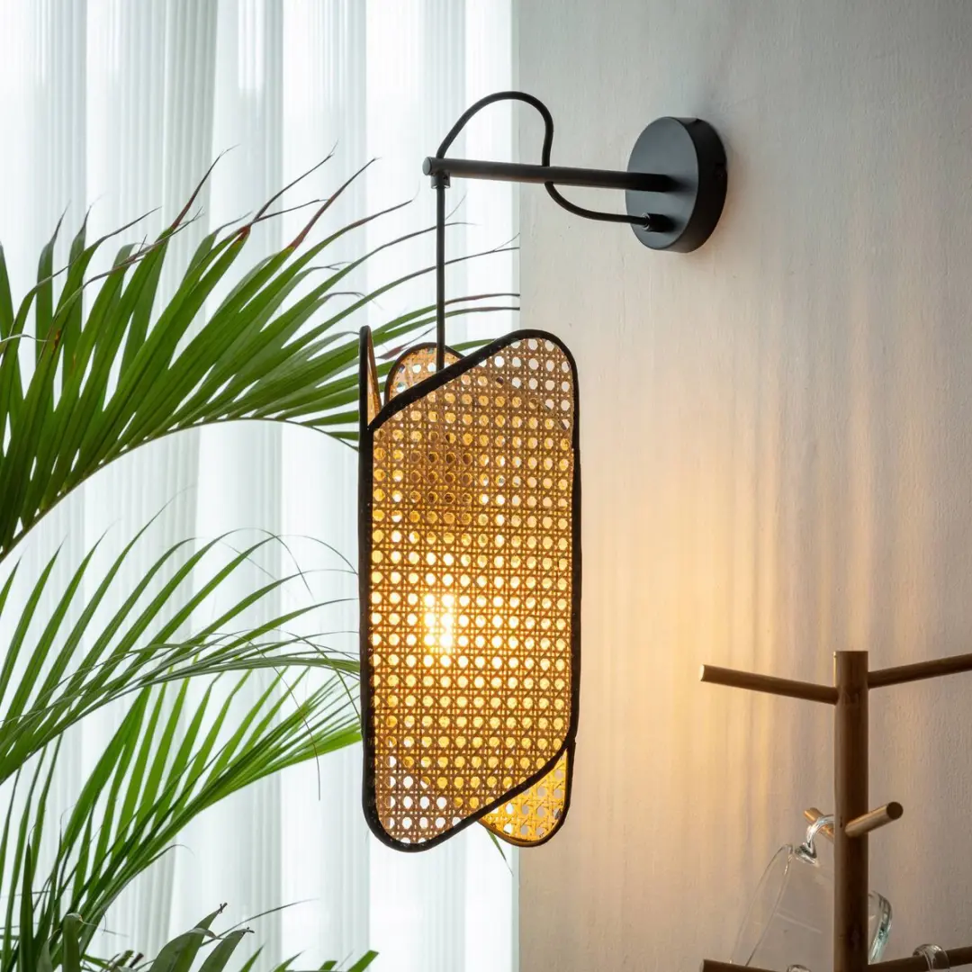 Lucande Wandlamp Design Bamboe 1 Licht E27 - 53cm - Zwart/Licht Hout