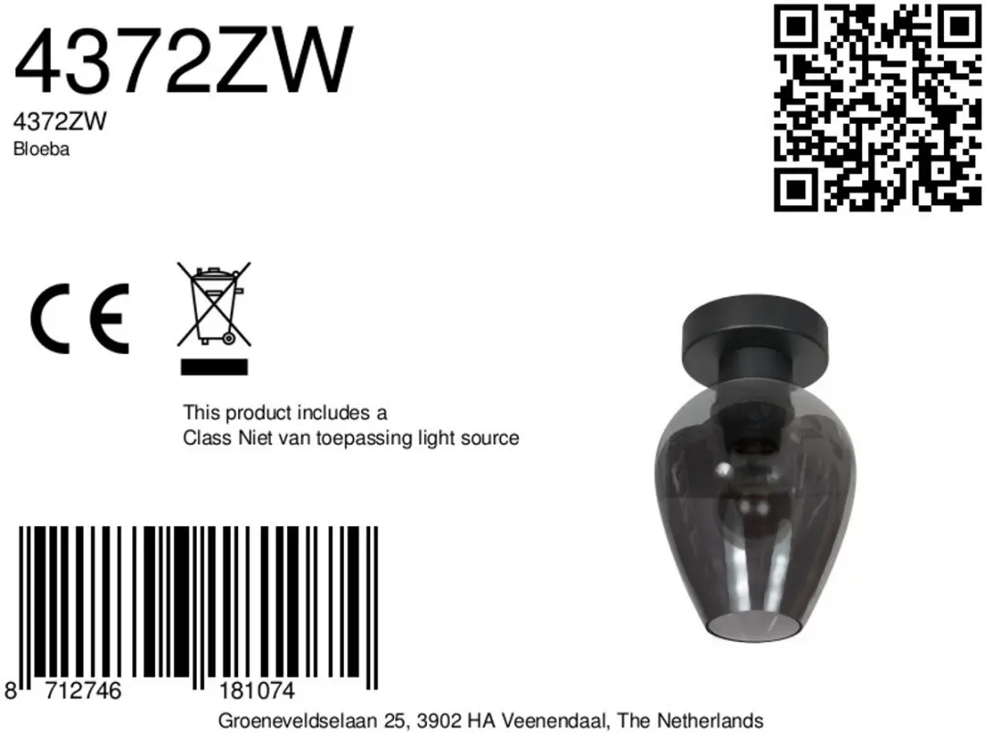 Steinhauer Drovia 4372ZW Plafondlamp - Zwart/Rookglas - Ø15 cm - afbeelding 6 van 6