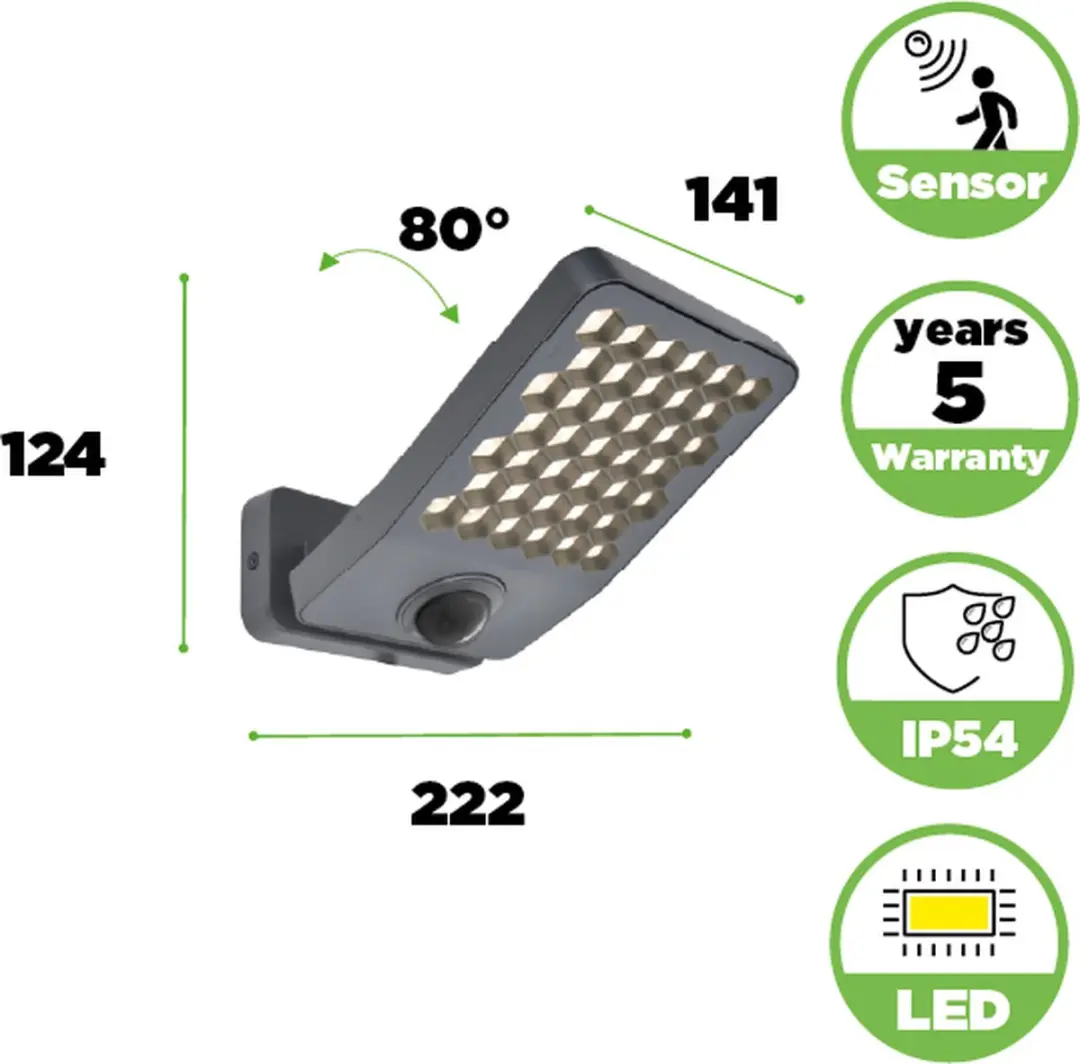 Lutec Atlantis LED Wandlamp Buiten - 2000 Lm 4000K - PIR Sensor - Donkergrijs