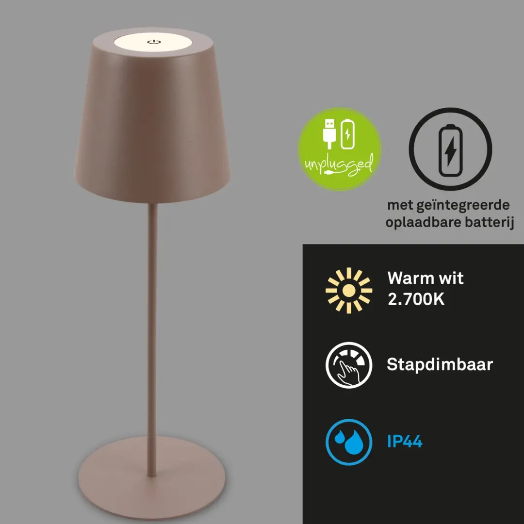 Briloner Kiki Oplaadbare Tafellamp - Bruin - 2700K - Ø10.5cm