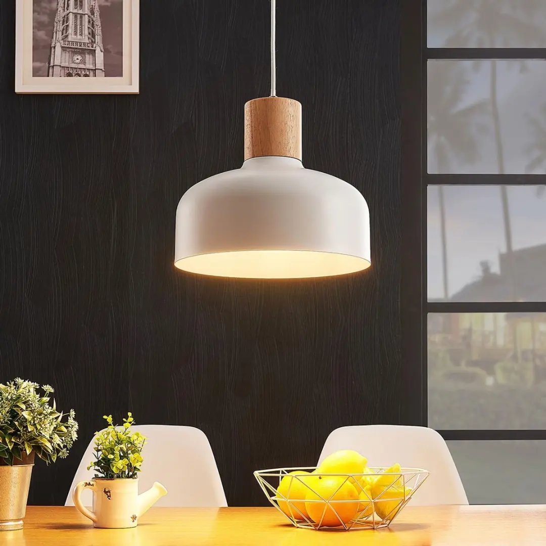 Lindby Hanglamp Metaal Hout 1 Licht E27 - Wit/Licht Hout