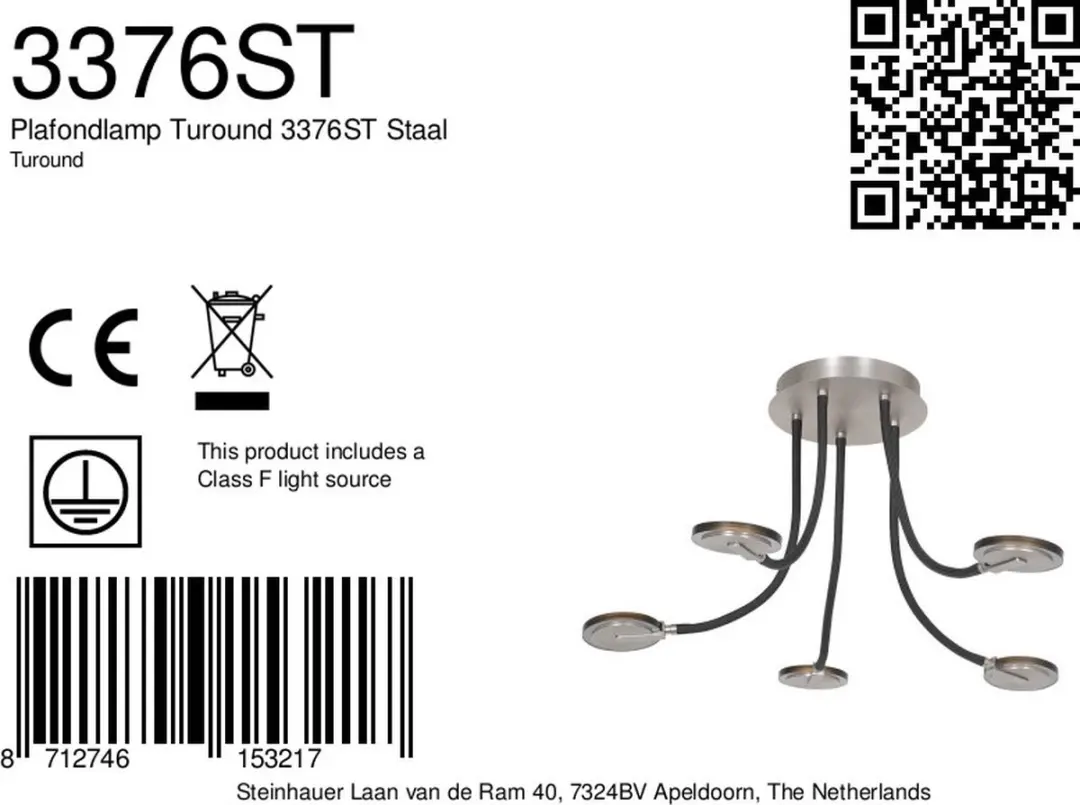 Steinhauer Turound Plafondlamp Ø92cm - 5 Lichtpunten - Staal