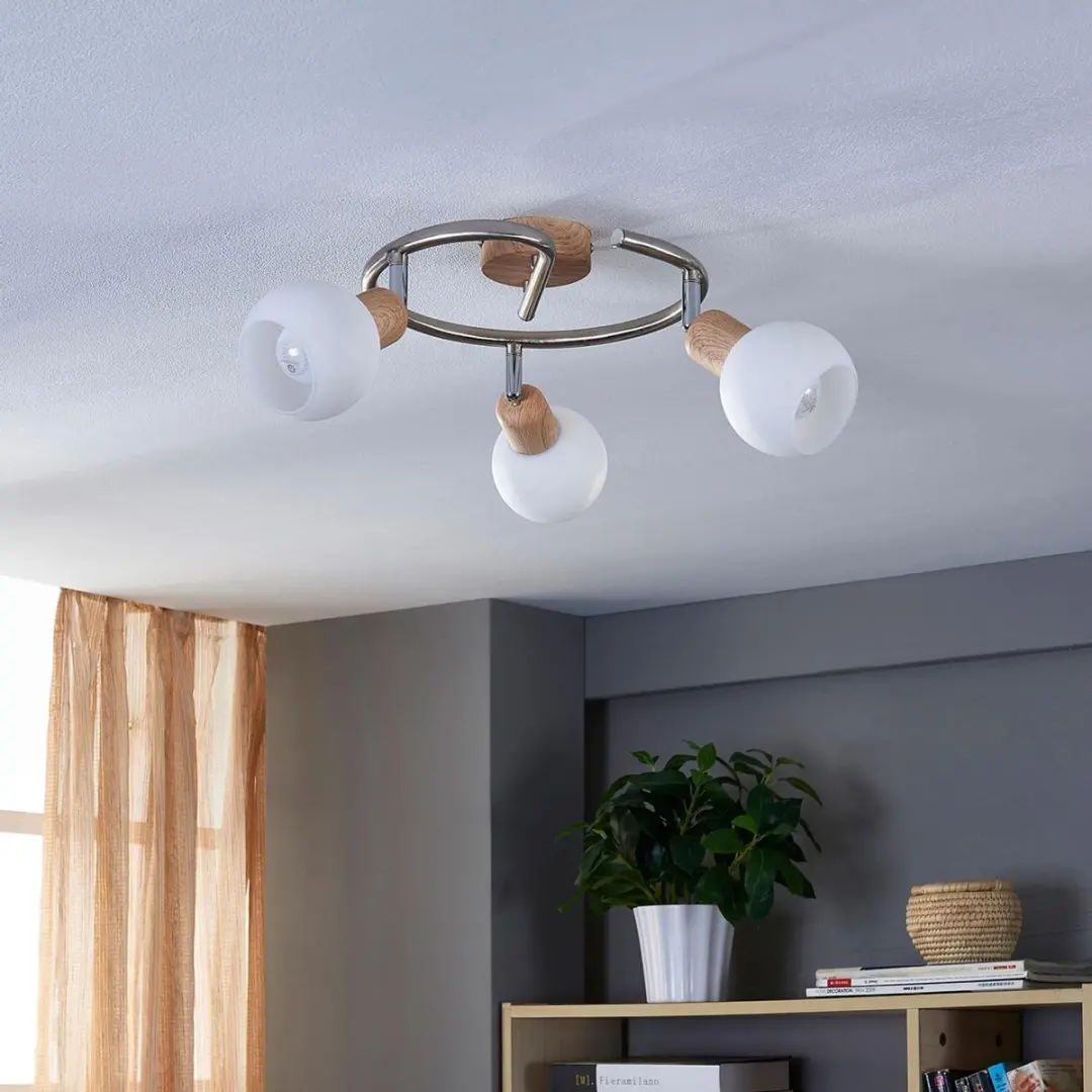 Lindby Buitenspot 3-lichts E14 - 25cm - Albast/Hout/Nikkel