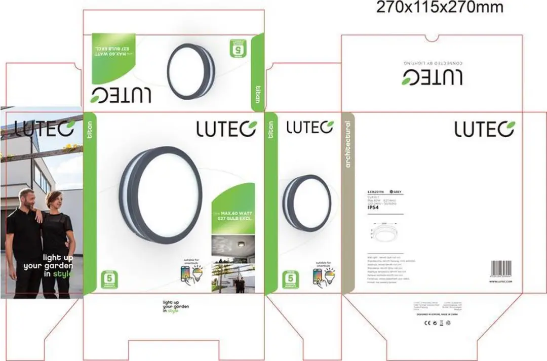 Lutec Titan Wand-/plafondlamp E27 - 26cm - Donkergrijs - afbeelding 6 van 6