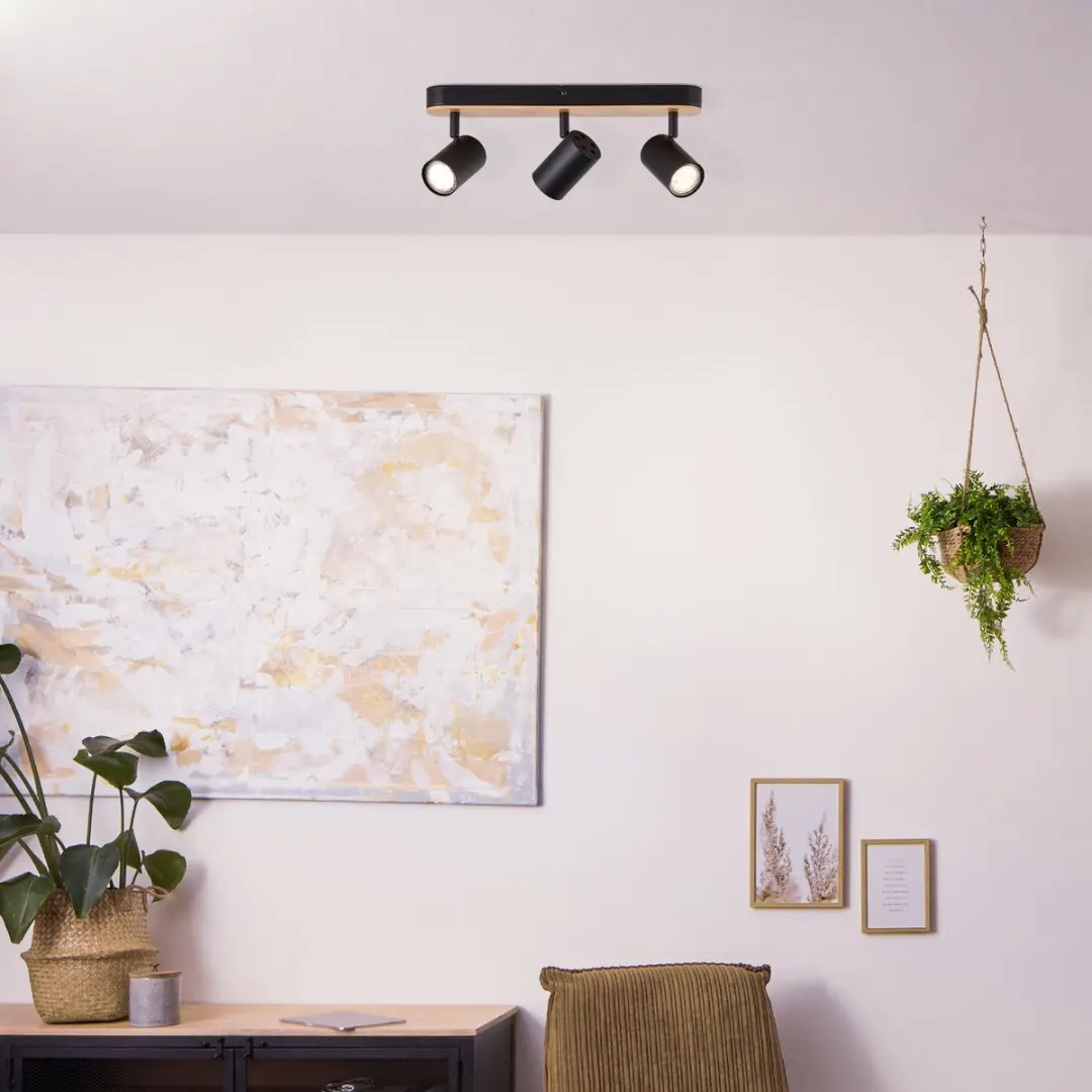 Brilliant Niels LED Spotbalk 3-lichts - Mat Zwart/Natuur - afbeelding 6 van 6