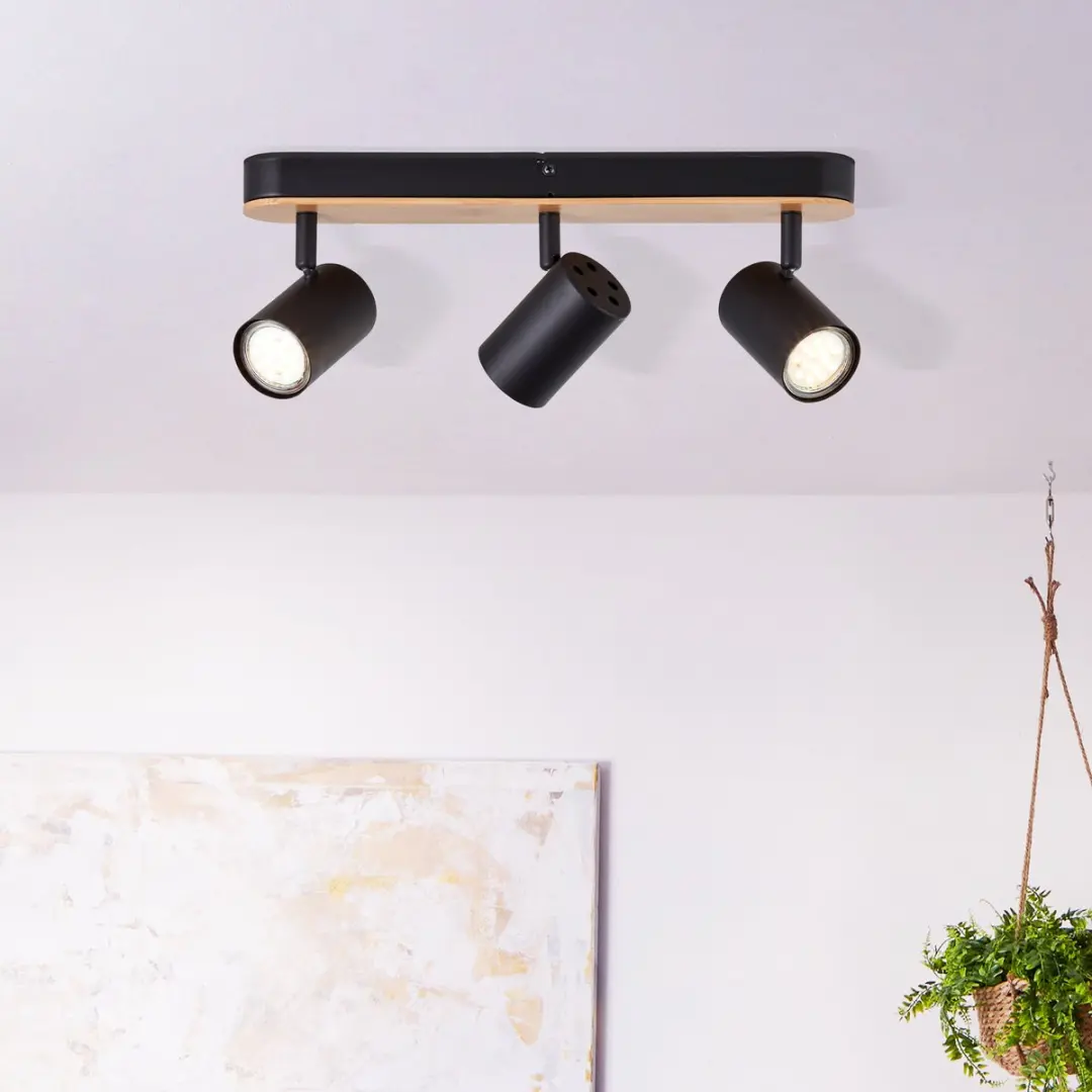Brilliant Niels LED Spotbalk 3-lichts - Mat Zwart/Natuur