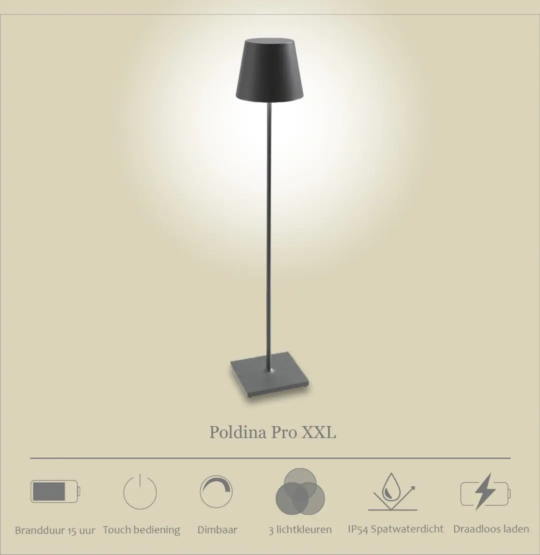 Zafferano Poldina Pro XXL Vloerlamp Antraciet - Oplaadbaar