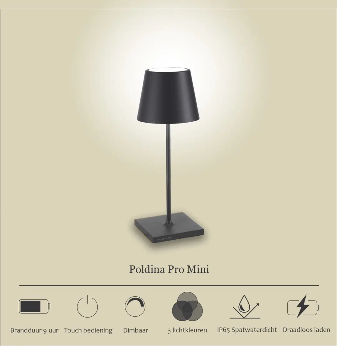 Zafferano Poldina Pro Mini Oplaadbare LED Tafellamp - Antraciet - 2700K
