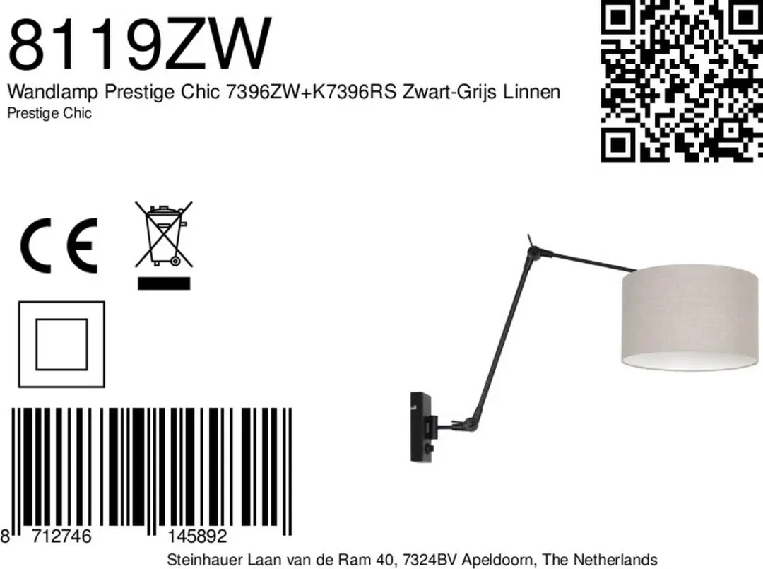 Steinhauer Prestige Chic 8119ZW Wandlamp - 10cm - Grijs - afbeelding 6 van 6