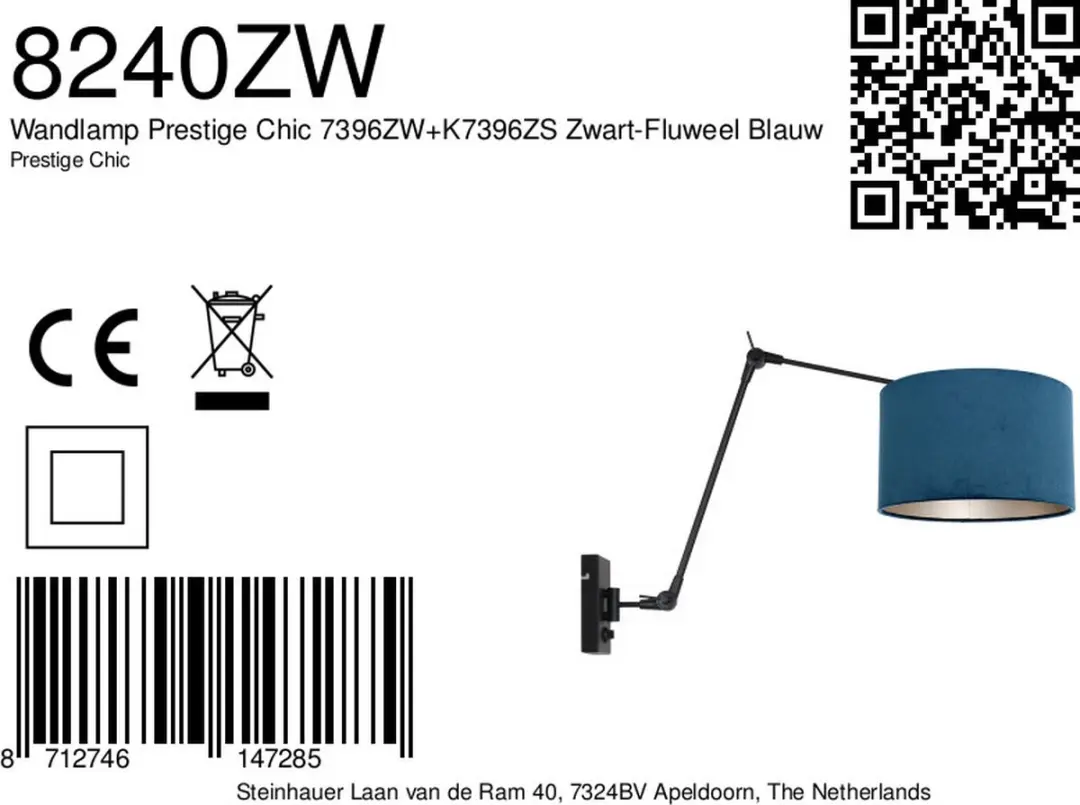 Steinhauer Wandlamp Prestige Chic 8240ZW - Zwart/Blauw - afbeelding 6 van 6