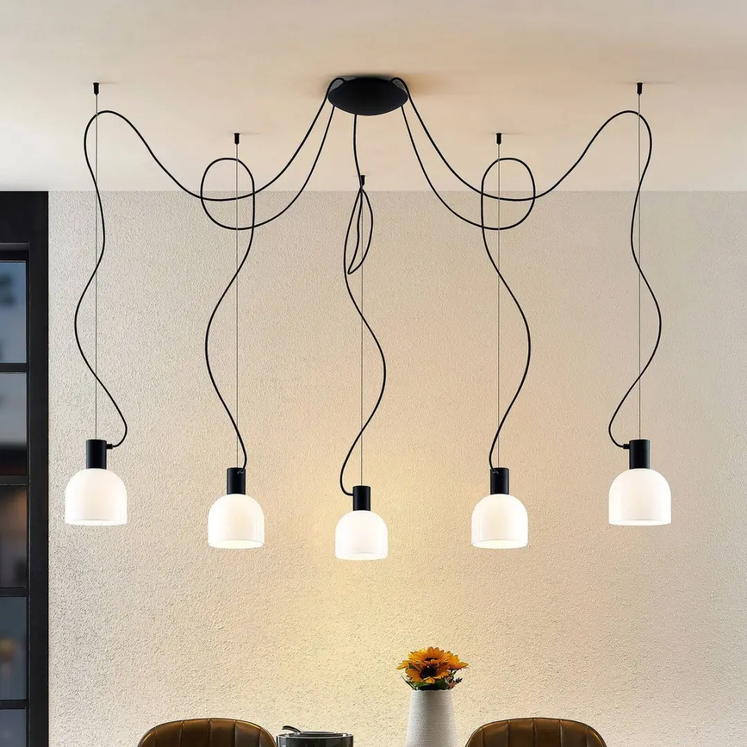 Lucande Hanglamp 5-lichts Glas IJzer - E27 - Wit/Zwart