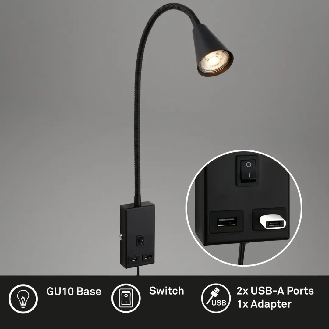 Briloner Justra Stekkerlamp - 1 Lichtpunt - 2 USB Poorten - Zwart