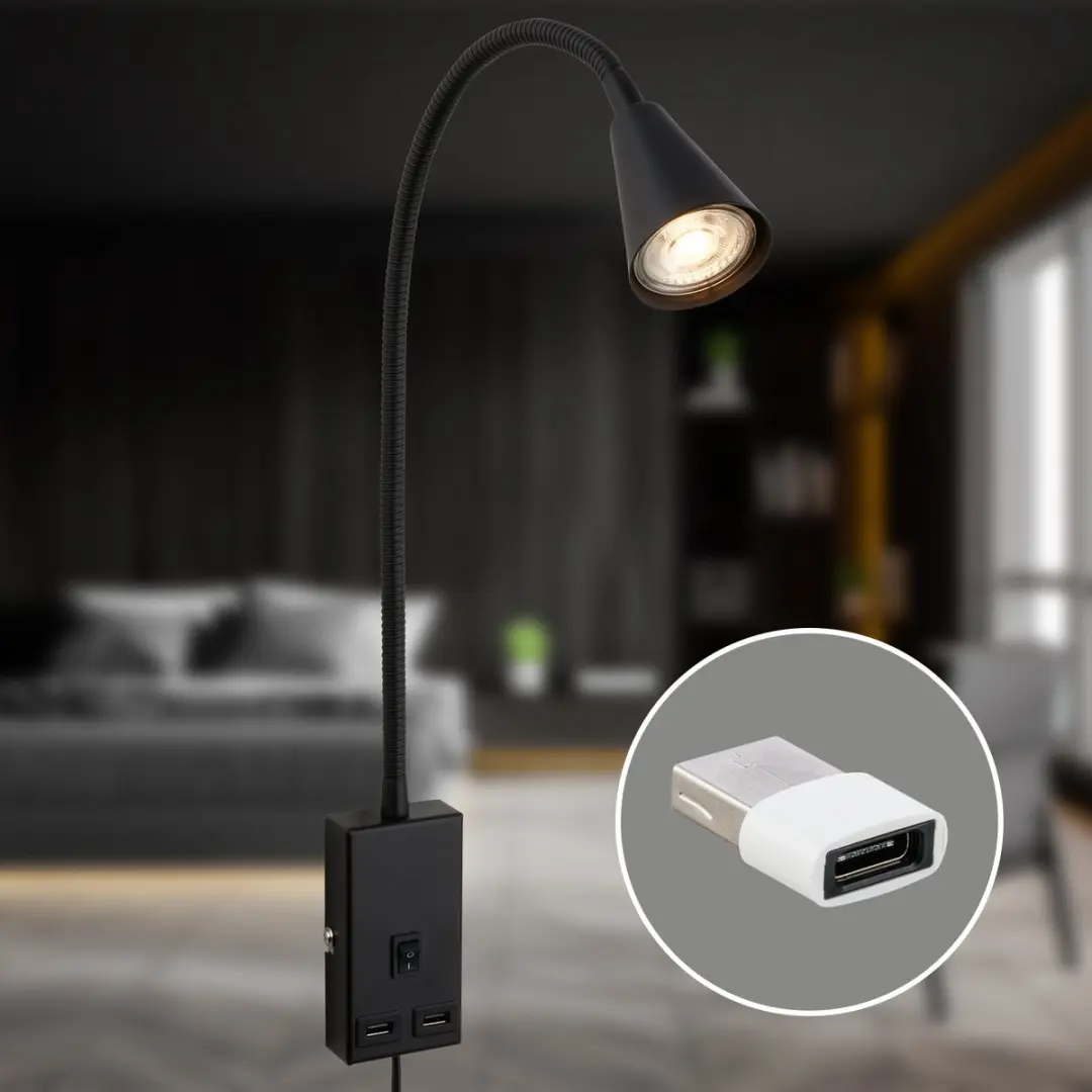 Briloner Justra Stekkerlamp - 1 Lichtpunt - 2 USB Poorten - Zwart