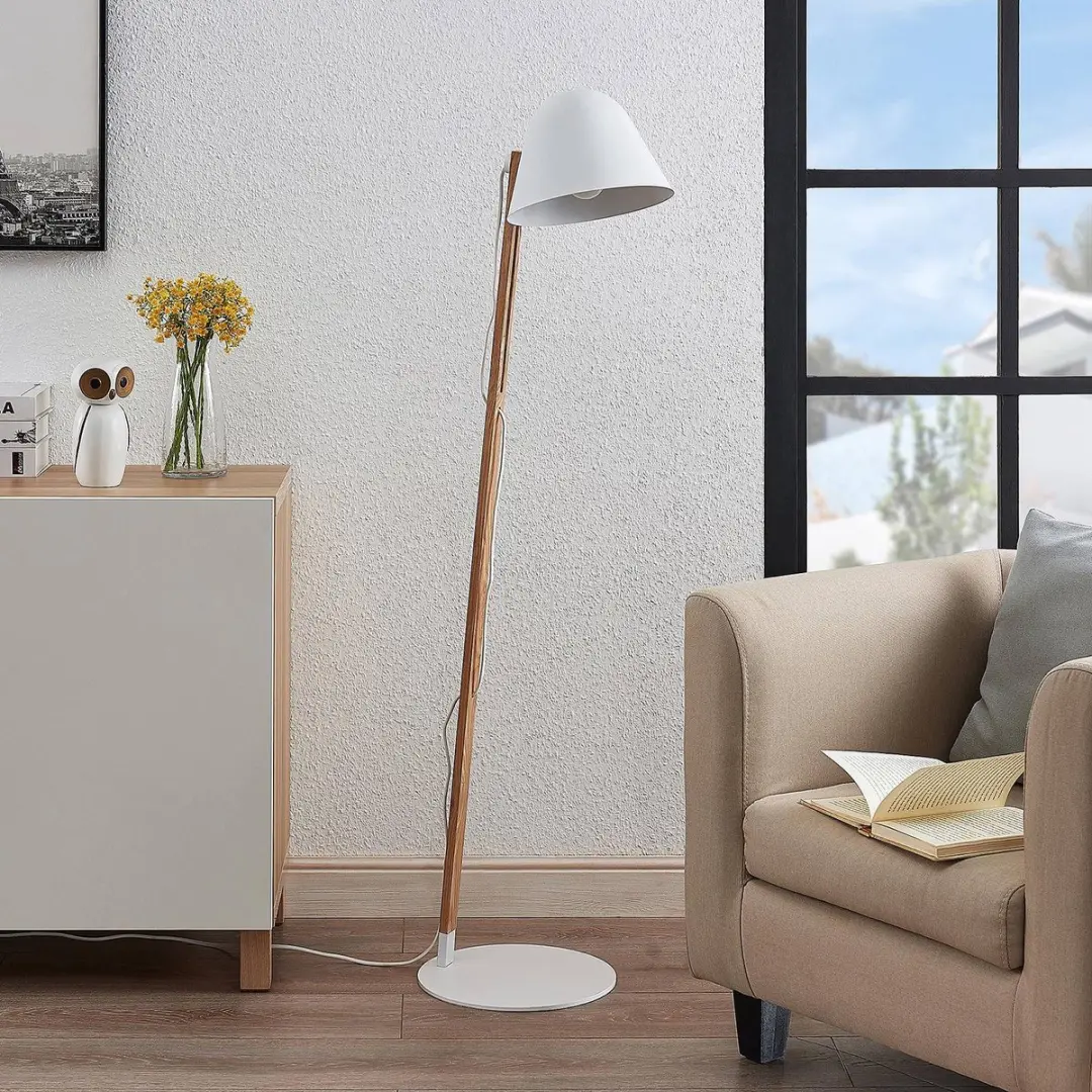 Lindby Vloerlamp Metaal Hout 128cm - E27 - Wit/Hout - afbeelding 6 van 6