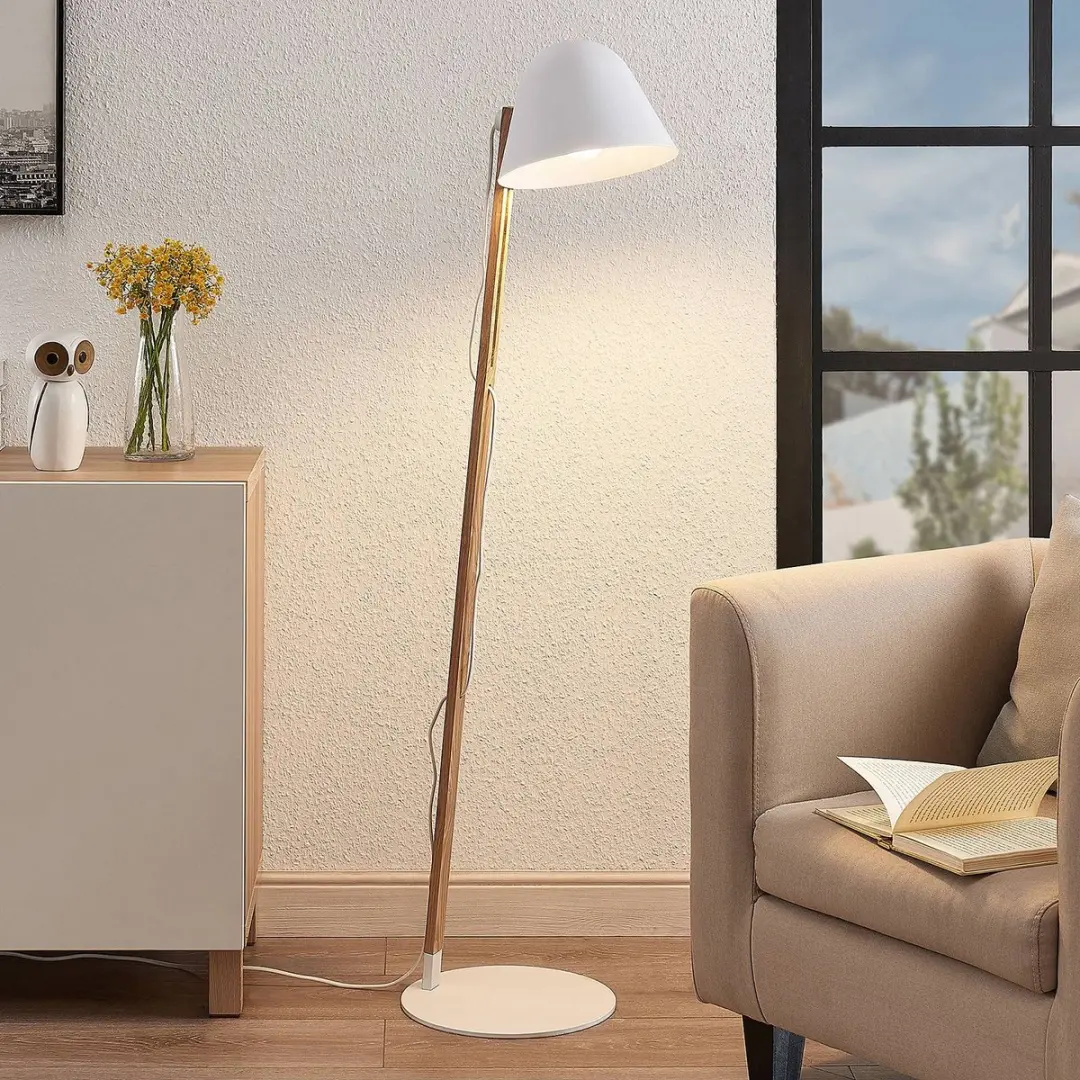 Lindby Vloerlamp Metaal Hout 128cm - E27 - Wit/Hout
