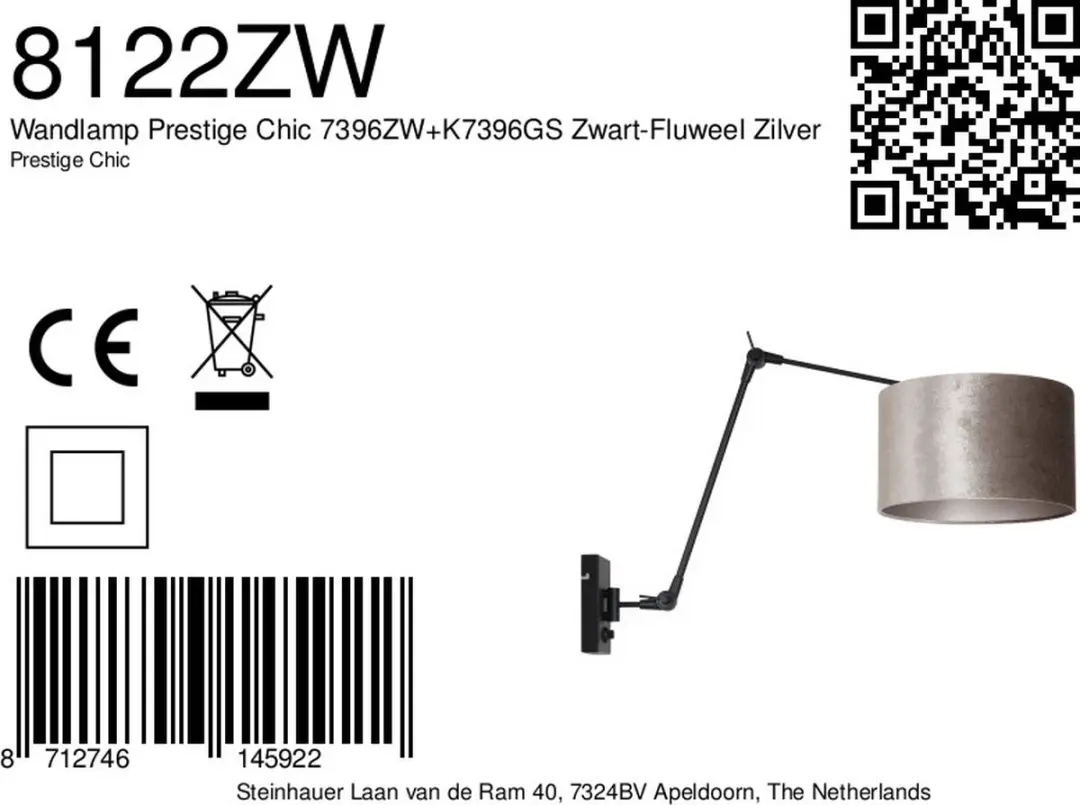 Steinhauer Prestige Chic 8122ZW Wandlamp - Grijs - 1 Lichtpunt - afbeelding 6 van 6