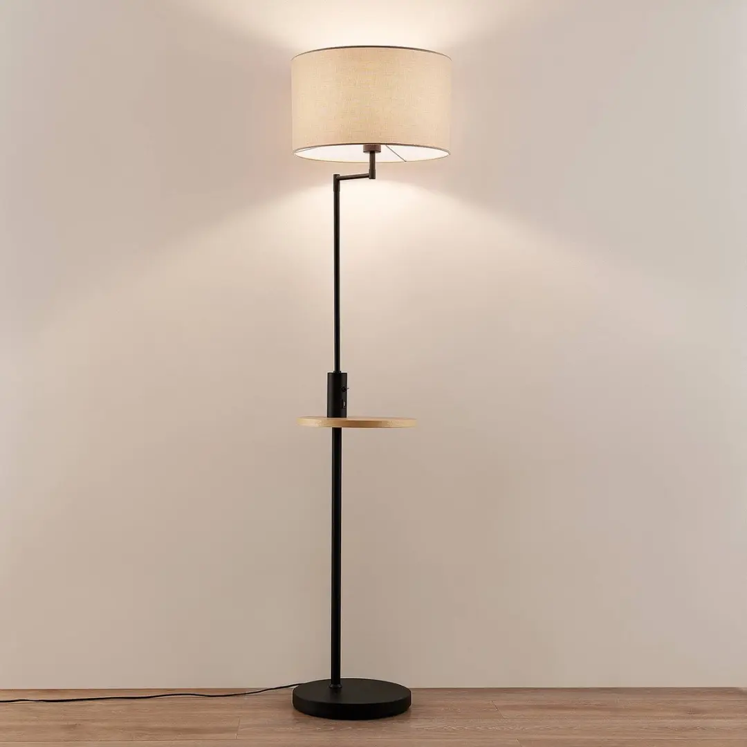 Lindby Vloerlamp 1 Licht - 160cm - Matzwart/Beige/Licht Hout