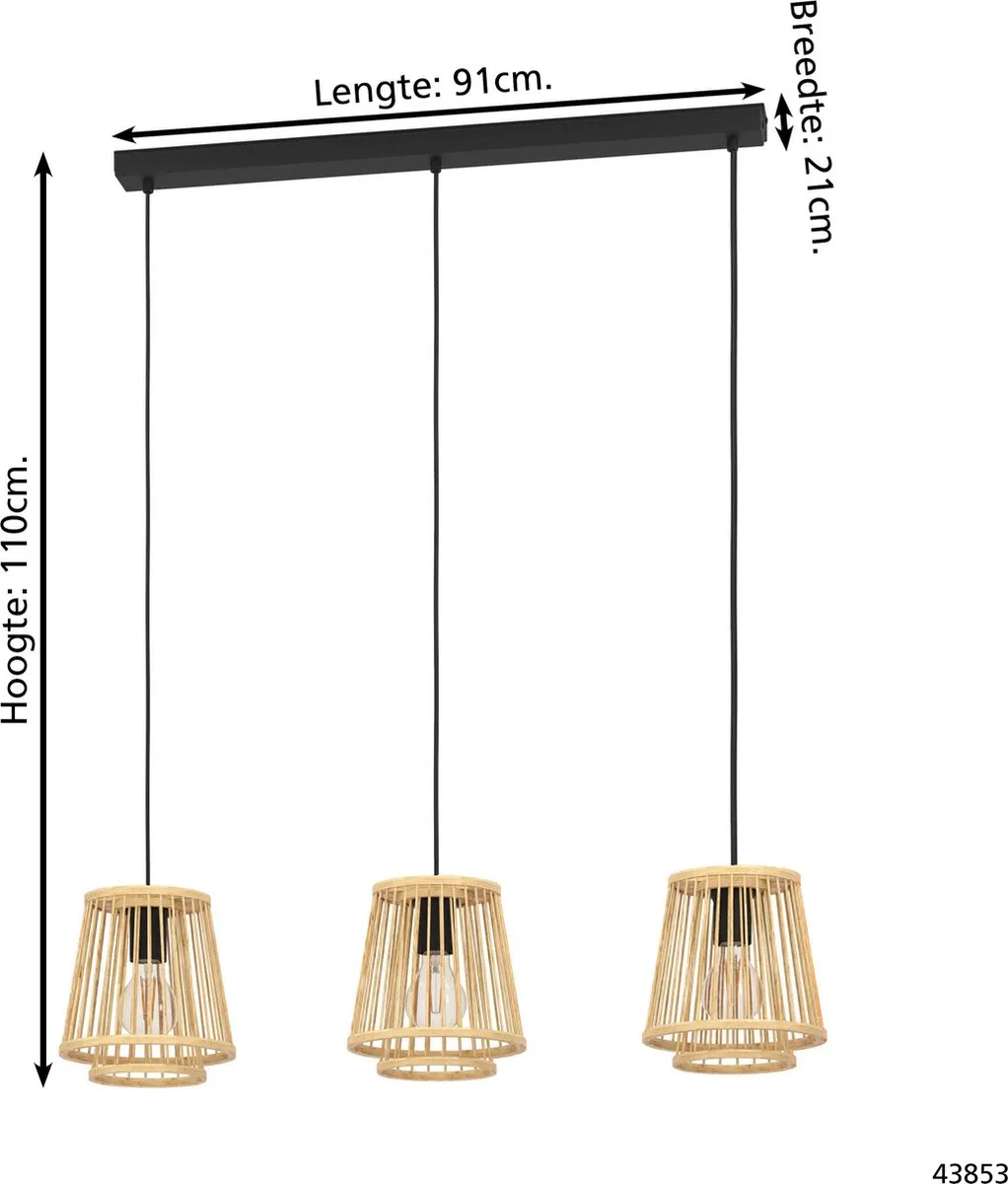 Eglo Hykeham Hanglamp E27 - 91cm - Staal/Bamboe - Zwart/Bruin - afbeelding 6 van 6