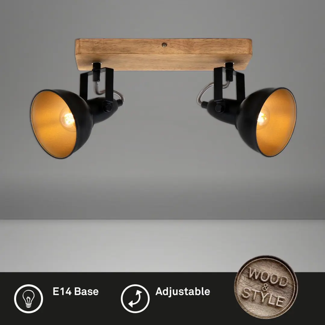Briloner Wood & Style Plafondlamp E14 - 2 Lichtpunten - Zwart/Goud