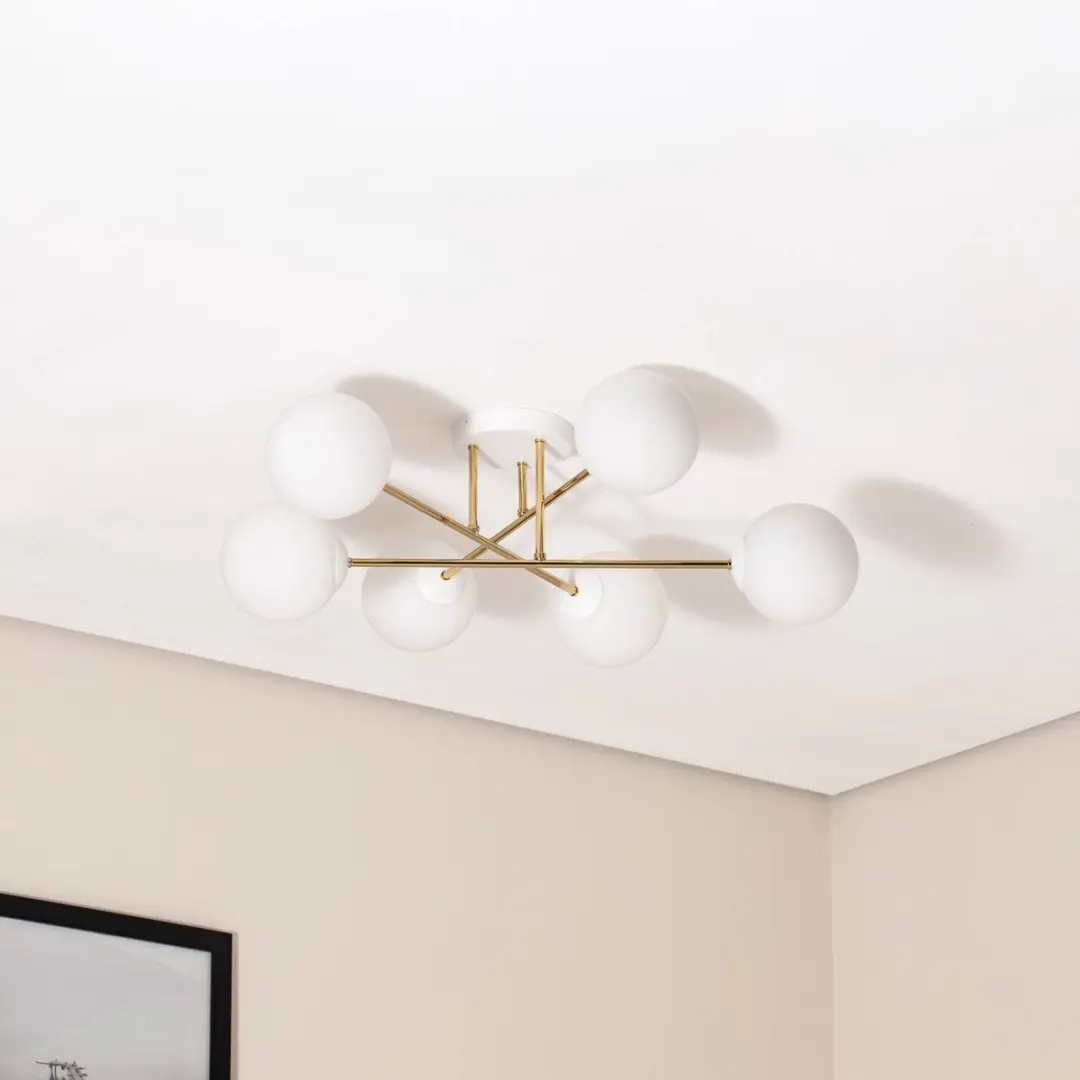 Euluna Plafondlamp 6-Lichts - Ø75cm - Staal/Glas - Wit/Goud/Wit Opaal