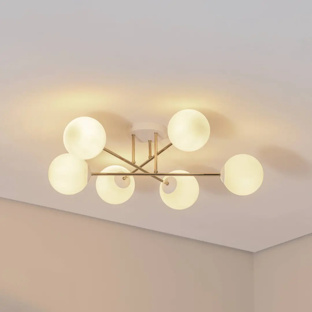 Euluna Plafondlamp 6-Lichts - Ø75cm - Staal/Glas - Wit/Goud/Wit Opaal