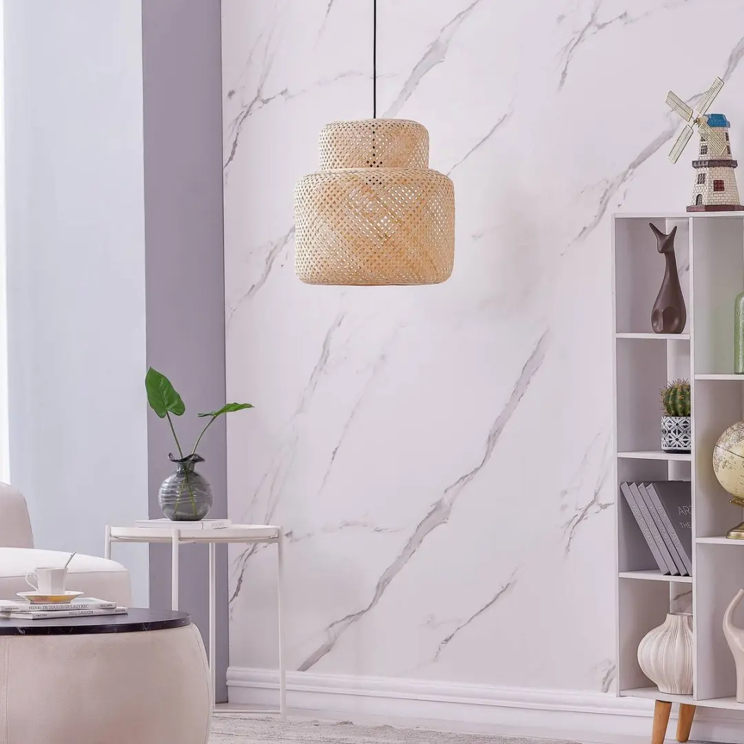 Lindby Hanglamp Bamboe 42cm - E27 - Licht hout/zwart