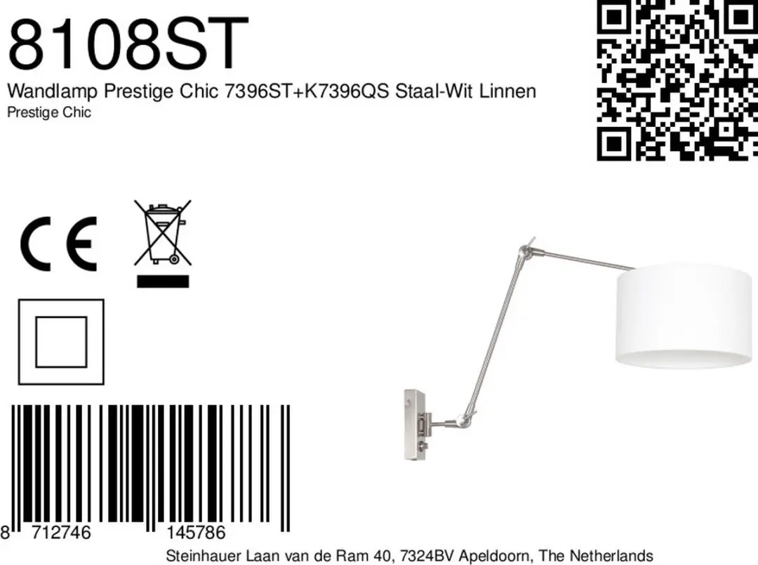 Steinhauer Prestige Chic 8108ST Wandlamp - Zilver/Wit - afbeelding 6 van 6