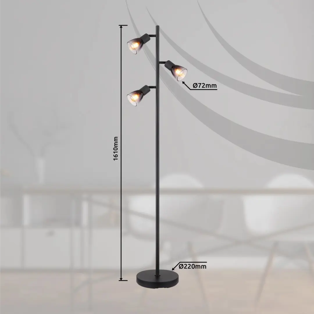 Globo Lavus Vloerlamp 165cm - 3x E27 - Matt zwart - afbeelding 6 van 6