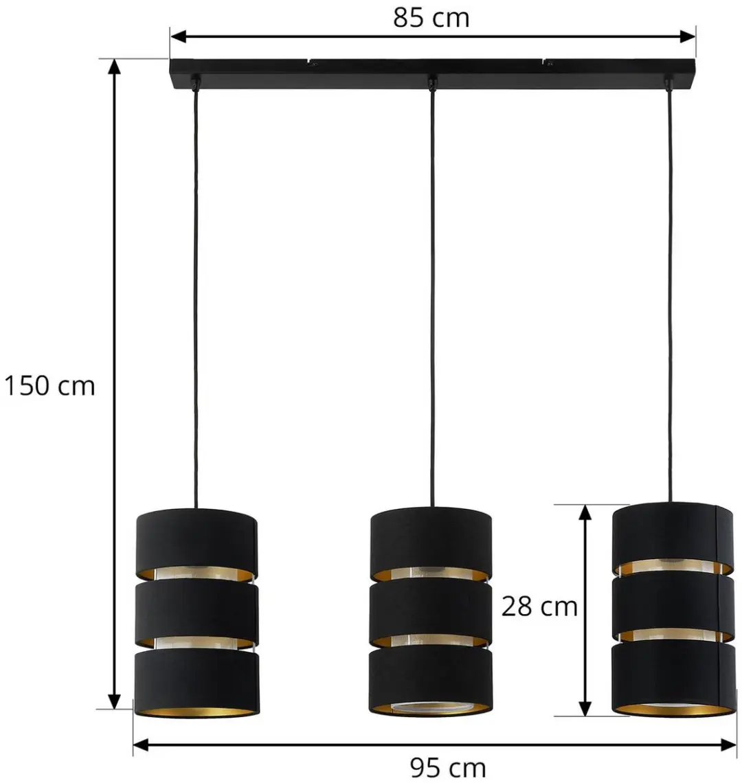 Lindby Hanglamp 3-Lichts Stof Metaal - Zwart/Goud