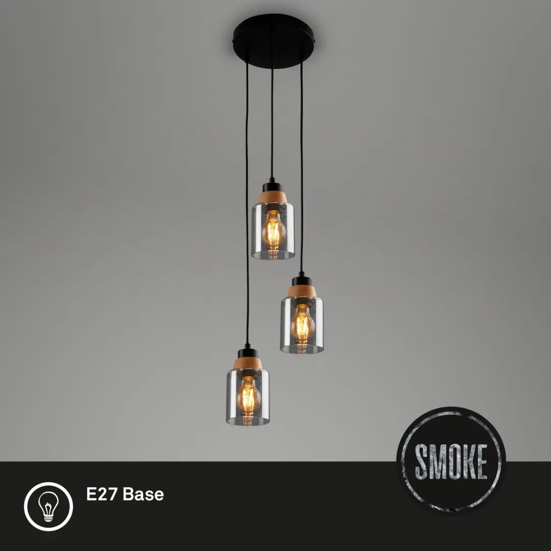 Briloner Royk 3-lichts Hanglamp - Zwart-rook Glas