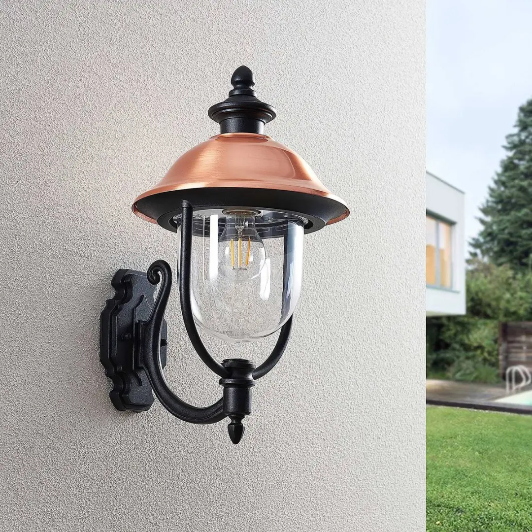 Lindby Wandlamp Buiten 1 Licht E27 - Zwart/Koper/Transparant