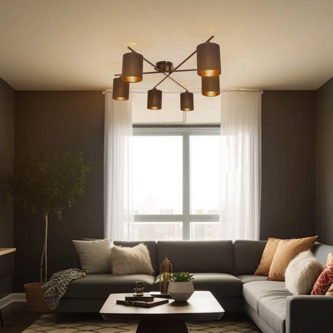 Lindby Plafondlamp 6-lichten - Staal/stof - E14 - Zwart/Goud/Nikkel