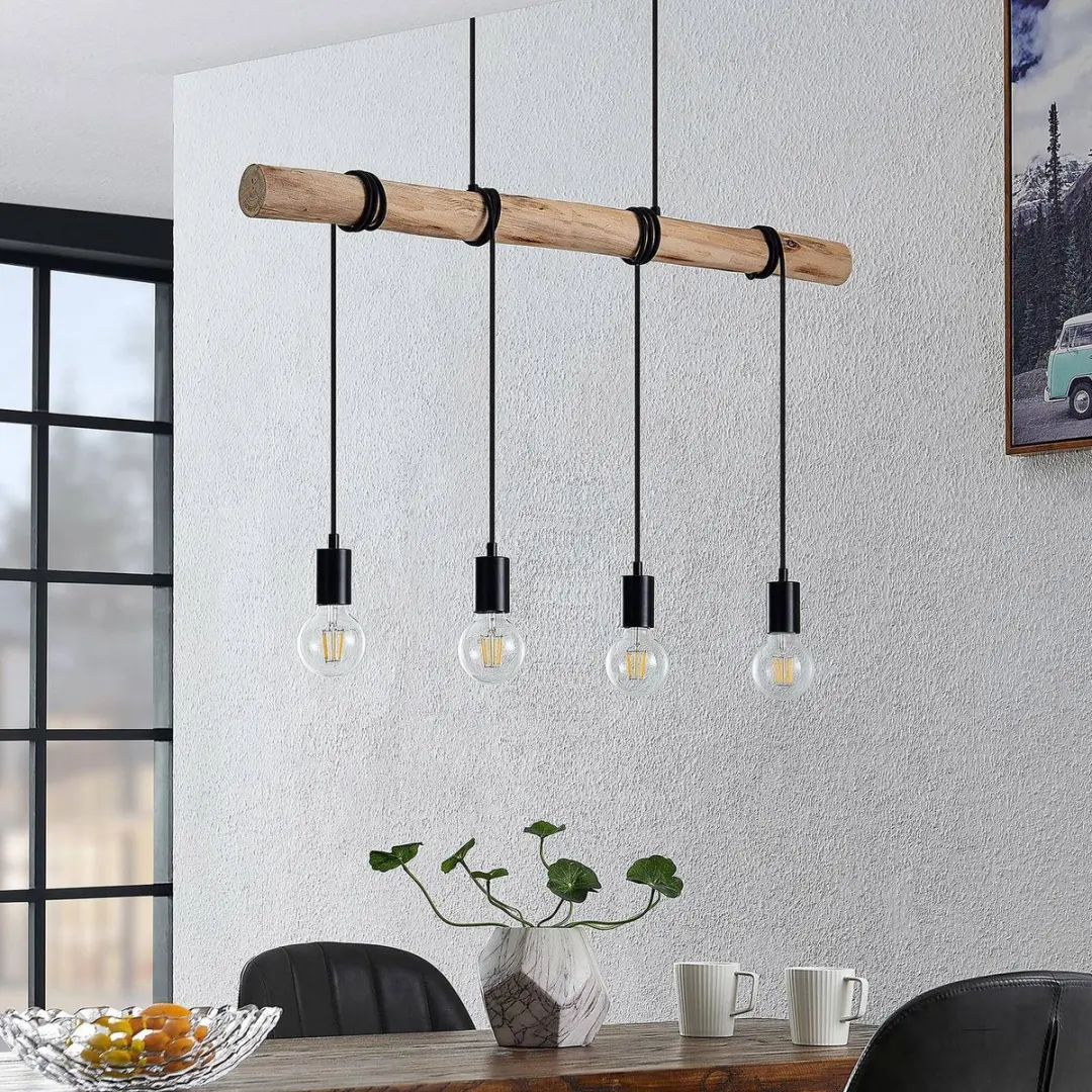 Lindby Hanglamp Eucalyptushout 4-Lichts - Mat Zwart