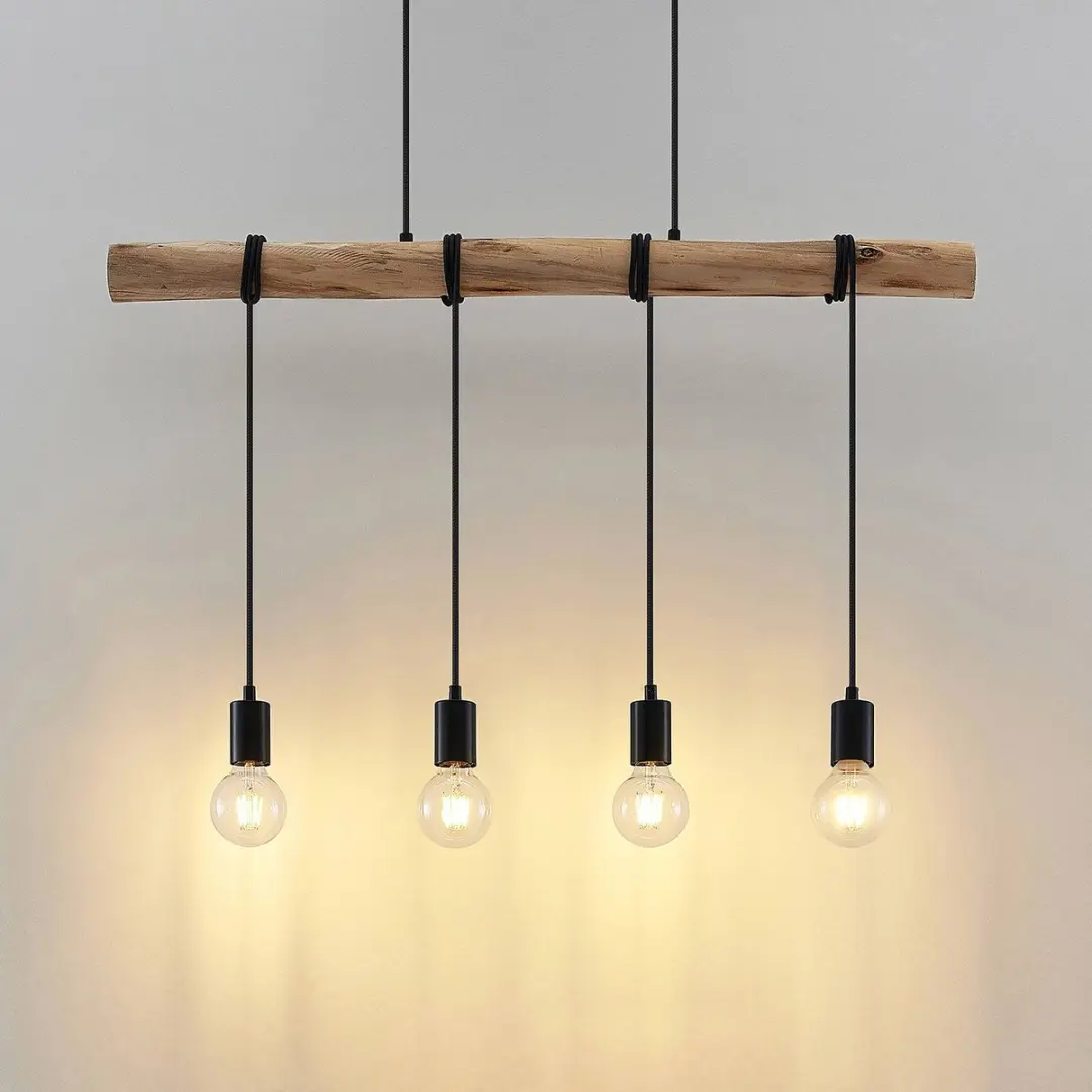 Lindby Hanglamp Eucalyptushout 4-Lichts - Mat Zwart